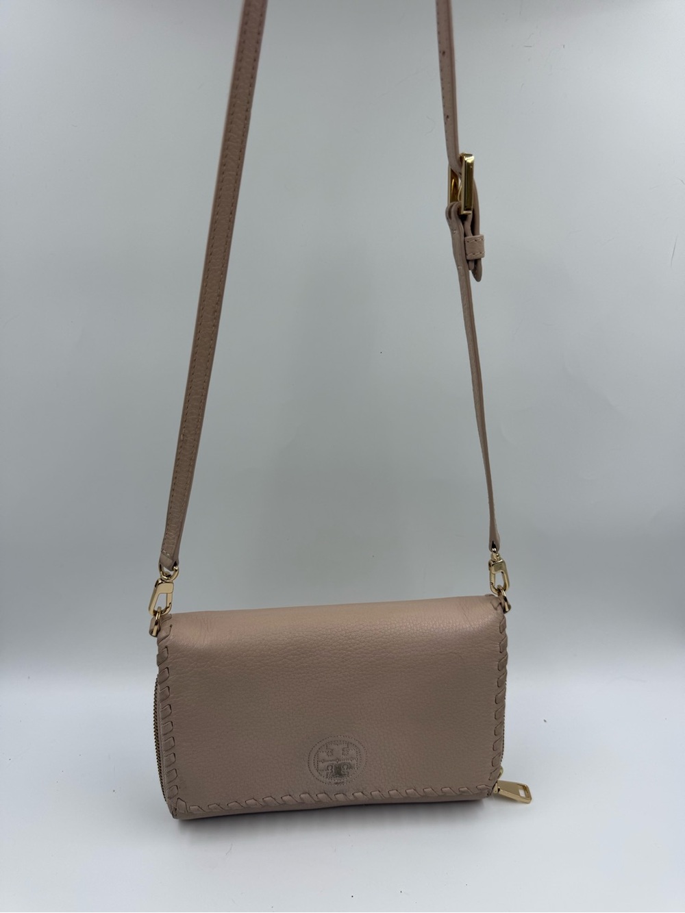 Tory Burch Taupe Leather Crossbody Wallet with Gold Hardware